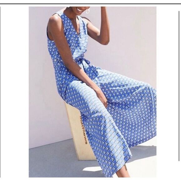 Anthropologie Eva Franco Wide Leg Jumpsuit Women's Size 2 Blue One Piece‎ V Neck - Picture 2 of 11